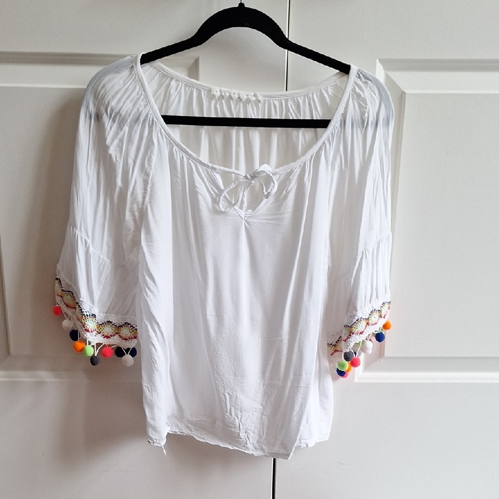 White Whimsy Pom-Pom Boho Cottagecore Top